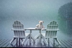 lonely teddy feeling blue in rain